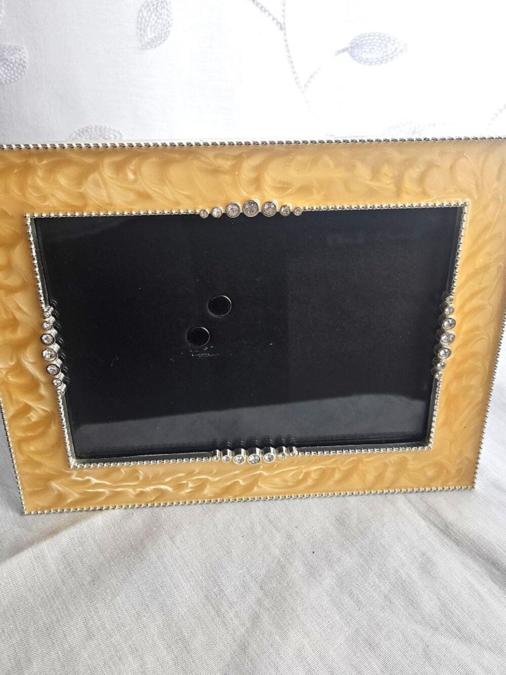 Vintage Yellow Enamel 4.5×6.5" Photo Frame French Country Cottagecore Rhinestone